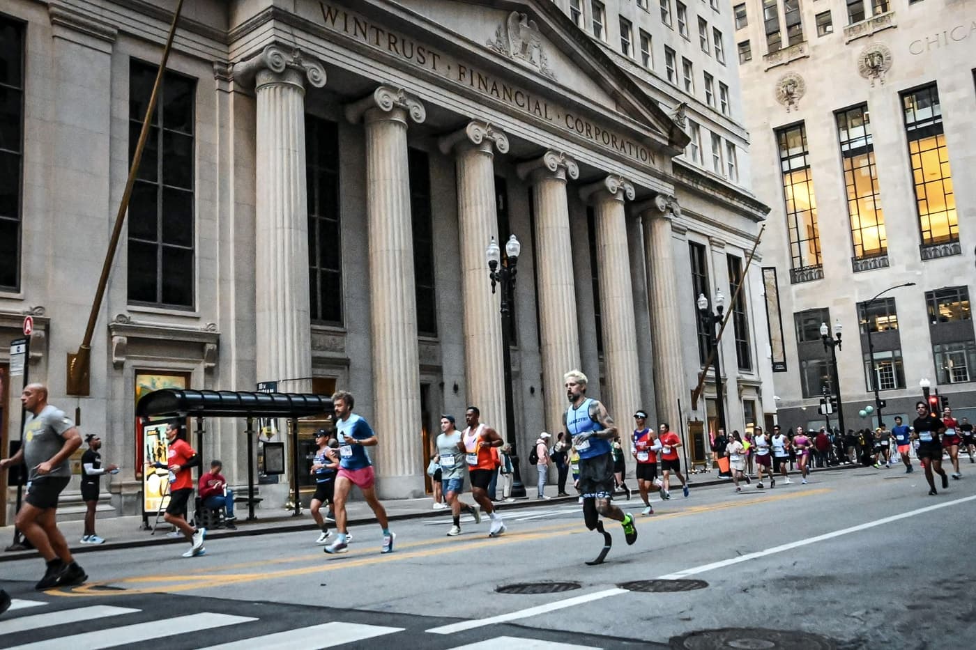 Running through downtown Chicago during the 2025 Chicago Marathon